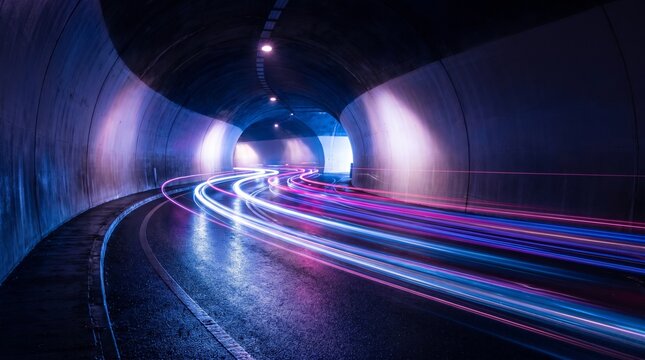 Curving tunnel road with light trails illuminates a dark passageway