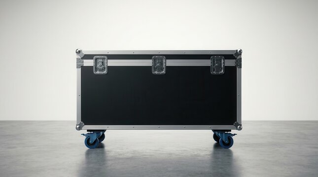 Black flight case with wheels ready for touring and professional events.