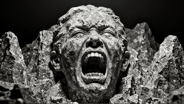 Broken stone face screams amidst rubble, black-and-white dramatic intensity.