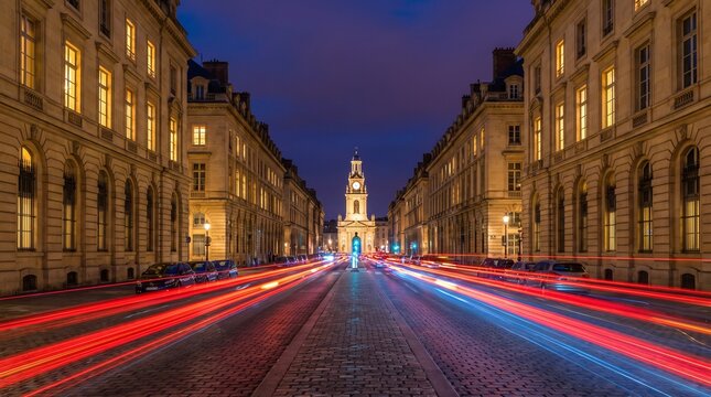 City street with light trails leads to a clock tower at dusk