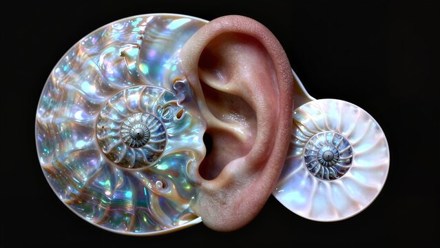 Human ear beside iridescent nautilus shell, showcasing nature's spiral symmetry.