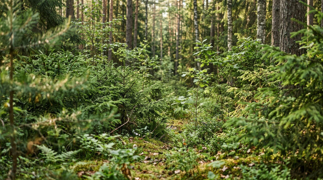 Evergreen shrubs and pine trees in a lush forest woodland environment