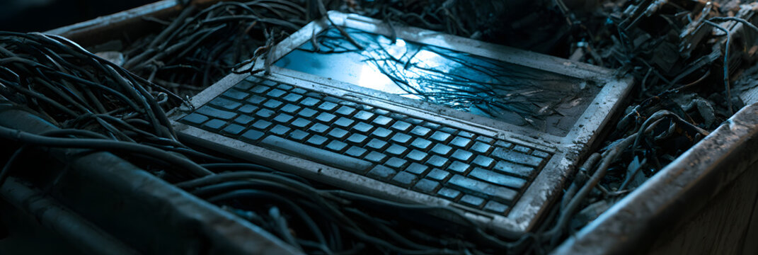 An outdated laptop, discarded in a trash bin, represents e-waste and highlights the need for recycling of obsolete electronics. It also symbolizes digital detachment and underscores the challenges of 