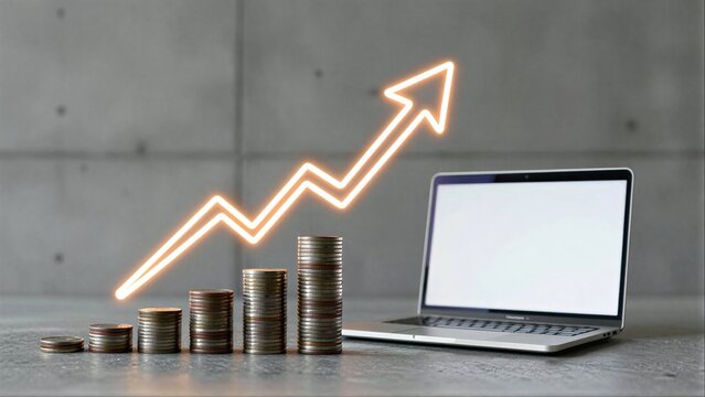 Coins stack beside laptop with glowing upward arrow, symbolizing financial growth and success.