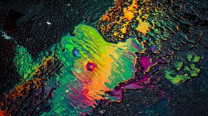 Obraz premium Vivid Rainbow Oil Spill Shimmering on Wet Black Asphalt