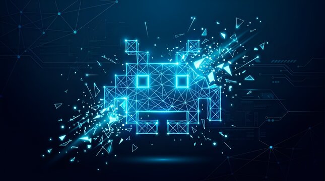 Futuristic glowing blue polygonal retro gaming pixel character exploding with digital network particles