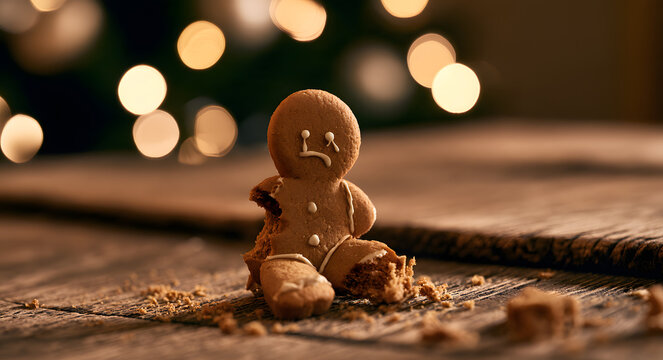 A chewed-up gingerbread man cookie, sobbing like a Christmas biscuit. A concept highlighting holiday stress and comedic failure, with a space for copy