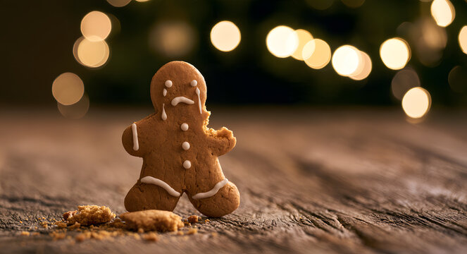 A gingerbread man cookie with a bite taken out, sad and crying during Christmas. A holiday concept combining stress, failure, and a broken biscuit, with a humorous twist