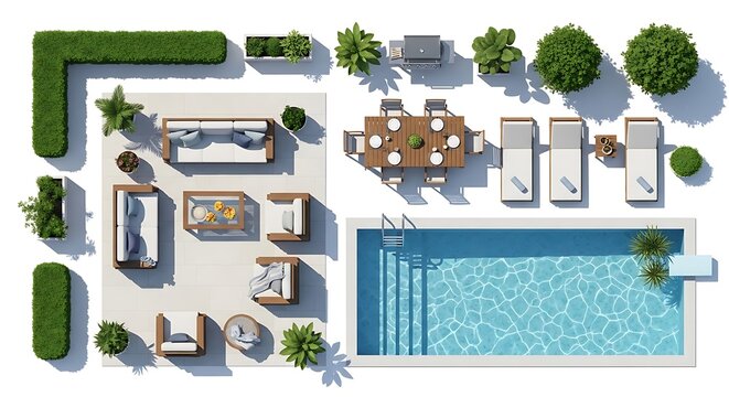 Top view of swimming pool and patio furniture set on white background
