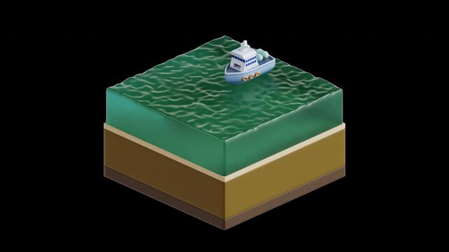 Ship caught in ocean whirlpool swirling in sea vortex, isometric 3D icon looping animation on transparent background, dangerous marine storm environment for maritime risk and insurance concept.