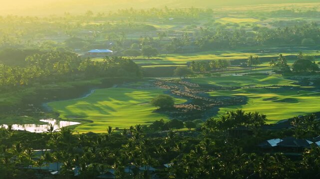 Big Island Hawaii golf resort at sunrise with lush green fairways palm groves reflecting ponds and lava rock bunkers glowing in warm hazy light above tropical villas and coastal terrain.
