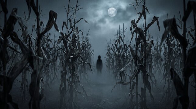 A lone figure stands in a spooky, misty cornfield under a full moon at night, creating a chilling and mysterious atmosphere.
