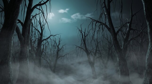 A haunting moonlit night scene in a desolate, foggy forest with bare, twisted trees and an eerie, mysterious atmosphere.