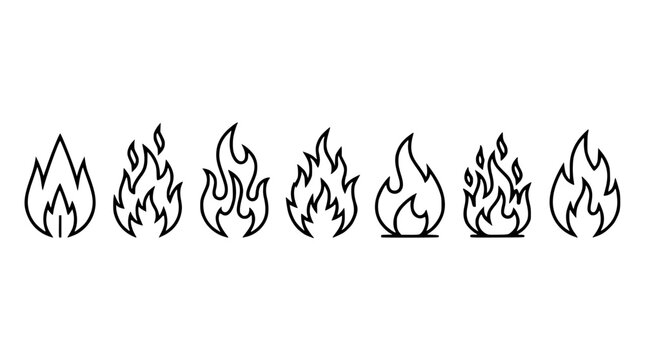 Minimalist fire flame vector icons set with various black line designs