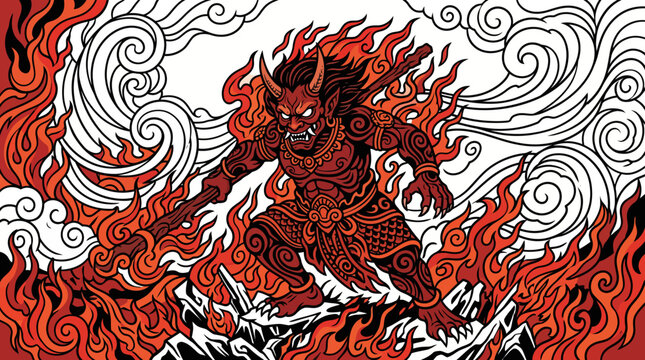Fierce Japanese Oni Demon with Fire Vector, illustration