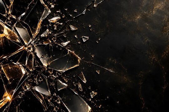 Broken glass shards shattering on a dark black background
