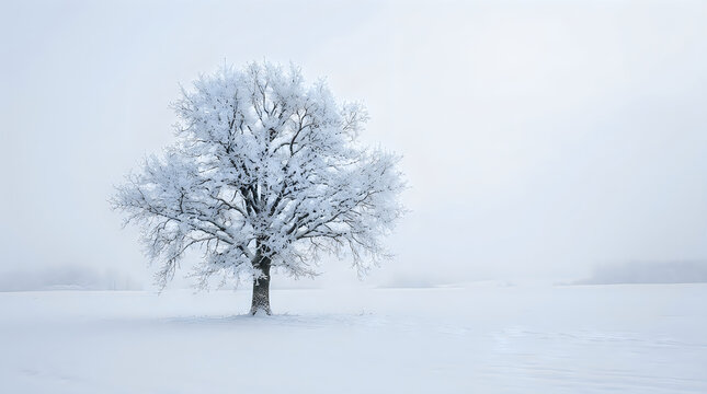 Lone tree covered in snow stands in a vast winter landscape on a foggy day
