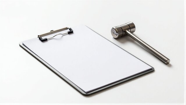 Clipboard and hammer on clean surface, minimalist legal or auction theme.