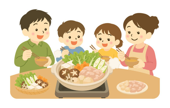 鍋を囲む家族の団らん 秋冬の食卓イラスト