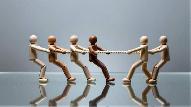 Wooden figures pull rope, symbolizing teamwork and competition on reflective surface.