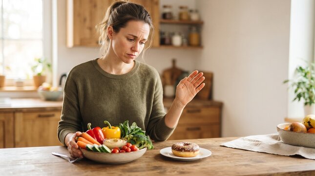Woman resisting temptation of donut and choosing healthy vegetables