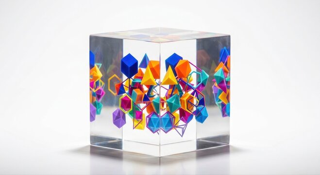Abstract Geometric Shapes Encased in a Crystal Clear Resin Cube Sculpture