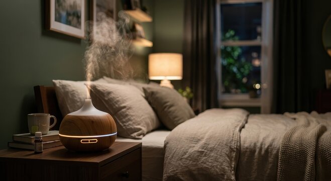 Aromatherapy essential oil diffuser emitting a gentle mist next to a cozy bed in a dimly lit bedroom at night