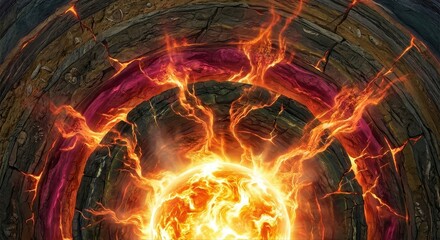 Fototapeta premium Abstract depiction of intense solar heat and fiery energy radiating from a glowing sun-like core within a rocky, cratered environment.