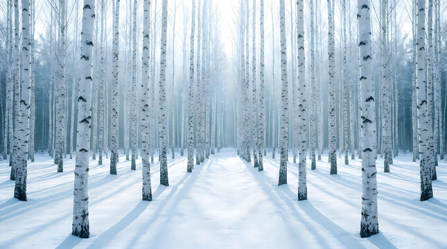 Winter birch forest covered in snow with bright sunlight filtering through the trees
