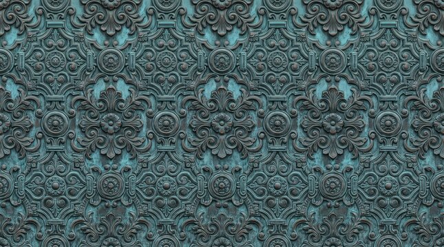 Intricate floral ornament in verdigris bronze relief a repeating pattern