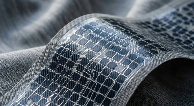 Close-up of a flexible solar panel surface with a detailed grid pattern and metallic circuitry