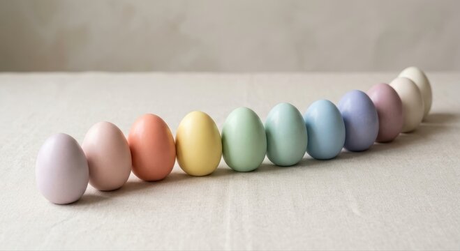 Collection of Smooth Pastel Colored Easter Eggs Lined Up in a Row on a Textured Surface