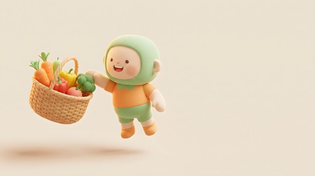 Cartoon character holds a basket filled with fresh vegetables on a plain background.