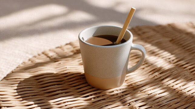 A close-up shot of a white and yellow mug filled with dark liquid, resting on a woven mat. A light-colored stirrer stands upright in the mug, with a subtle shadow cast from a nearby object.
