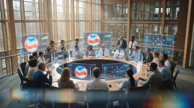 Futuristic Global Strategy Meeting with Holographic Displays