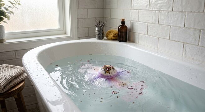 Aromatic bath bomb dissolving in a bathtub filled with water, creating a relaxing home spa experience.