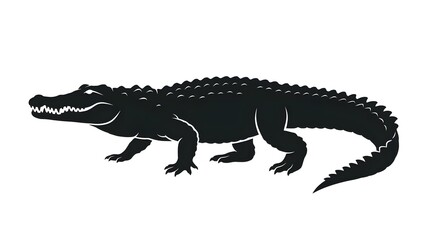 Fototapeta premium Crocodile silhouette walking towards the left side is rendered as a clean black vector icon isolated on a solid white background for wildlife presentation layouts.