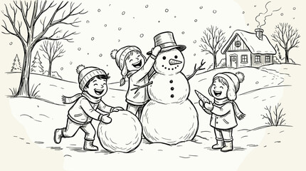 Fototapeta premium Children happily building a snowman in a snowy winter landscape with a house