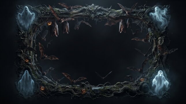 Mystical bat silhouettes framed by glowing ghostly orbs in dark fantasy border design