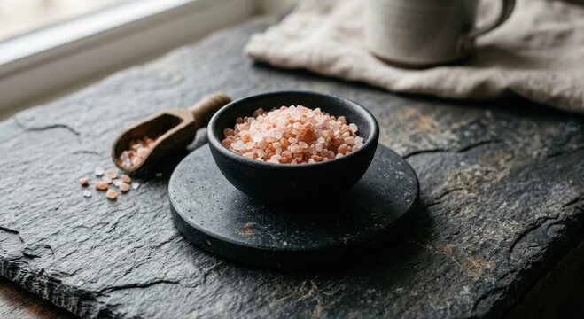 Bowl of pink Himalayan salt crystals with wooden scoop on dark slate stone surface for culinary seasoning