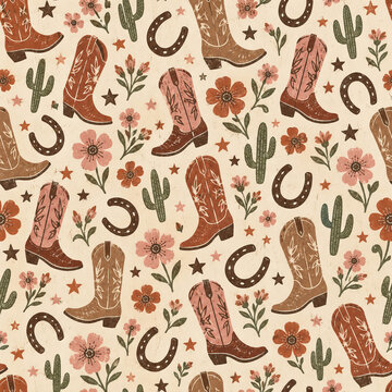 Western Cowboy Boots Cactus and Flowers Seamless Pattern