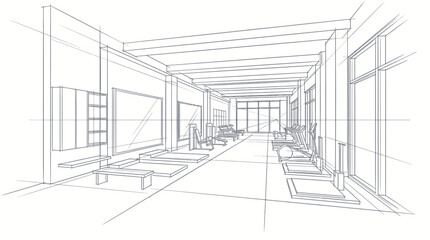 Fototapeta premium Creative Architectural Line Drawing of Modern Minimalist Living Space with Furniture and Open Floor Plan