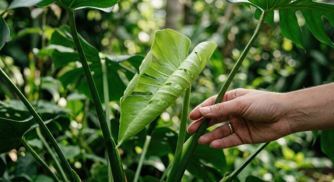 Delicate new monstera leaf gently unfurling, human hand with ring observing plant growth in lush garden