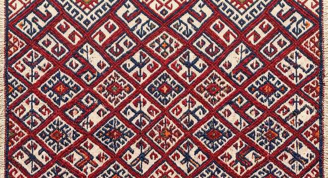 Vibrant geometric woven textile pattern featuring interlocking red and navy blue diamond motifs on an off white background