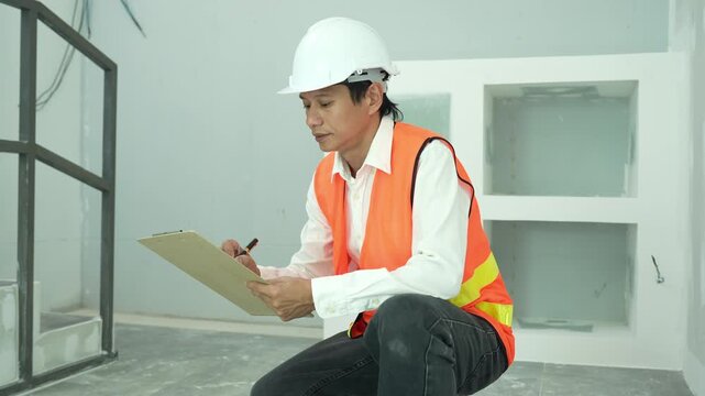 inspector or engineer is inspecting construction and quality assurance new house using a checklist. Engineers or architects or contactor work to build the house before handing it over to the homeowner