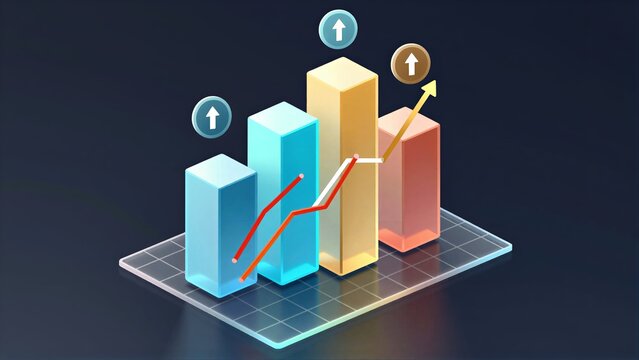 Colorful bar graph with upward arrows, symbolizing growth and positive trends in data.