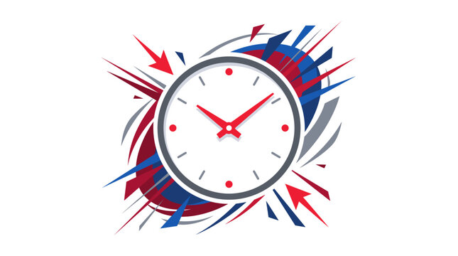 Modern Clock Face with Dynamic Abstract Red Blue and Gray Explosive Shapes and Arrows