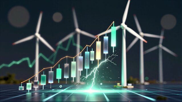 Wind turbines rise behind glowing stock charts, symbolizing clean energy's rising market value.