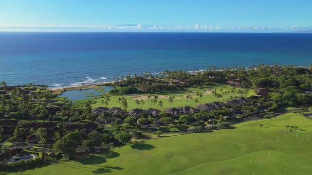 Aerial drone view over lush green golf course fairways palm trees and luxury resort villas along turquoise Pacific coastline on Big Island Hawaii under clear blue sky with distant clouds.