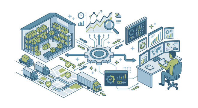 Logistics management system diagram displaying warehouse operations, delivery trucks, and a control center operator.